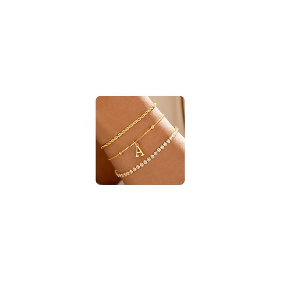 Dainty Gold Bracelets Set Personalized Initial Stackable Tennis Rope Chain - Picture 1 of 8